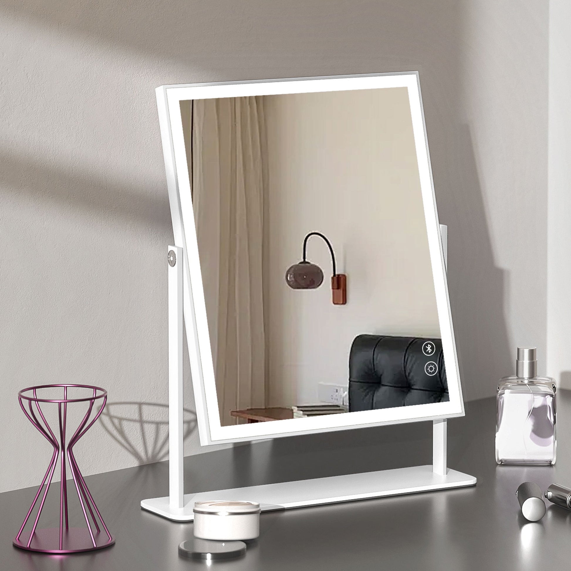 Vanity Makeup Mirror with Lights Bluetooth Metal Tabletop White