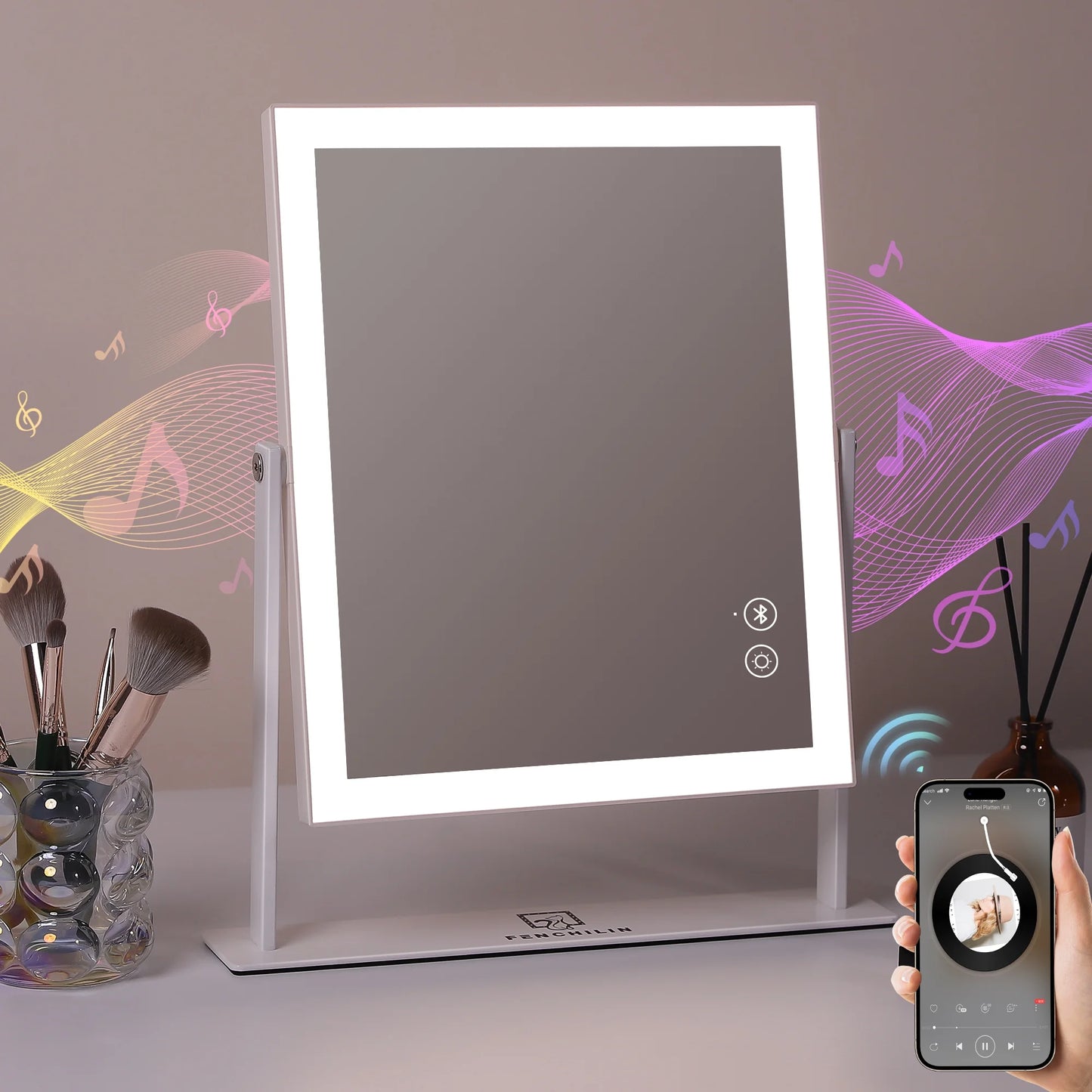 Vanity Makeup Mirror with Lights Bluetooth Metal Tabletop White