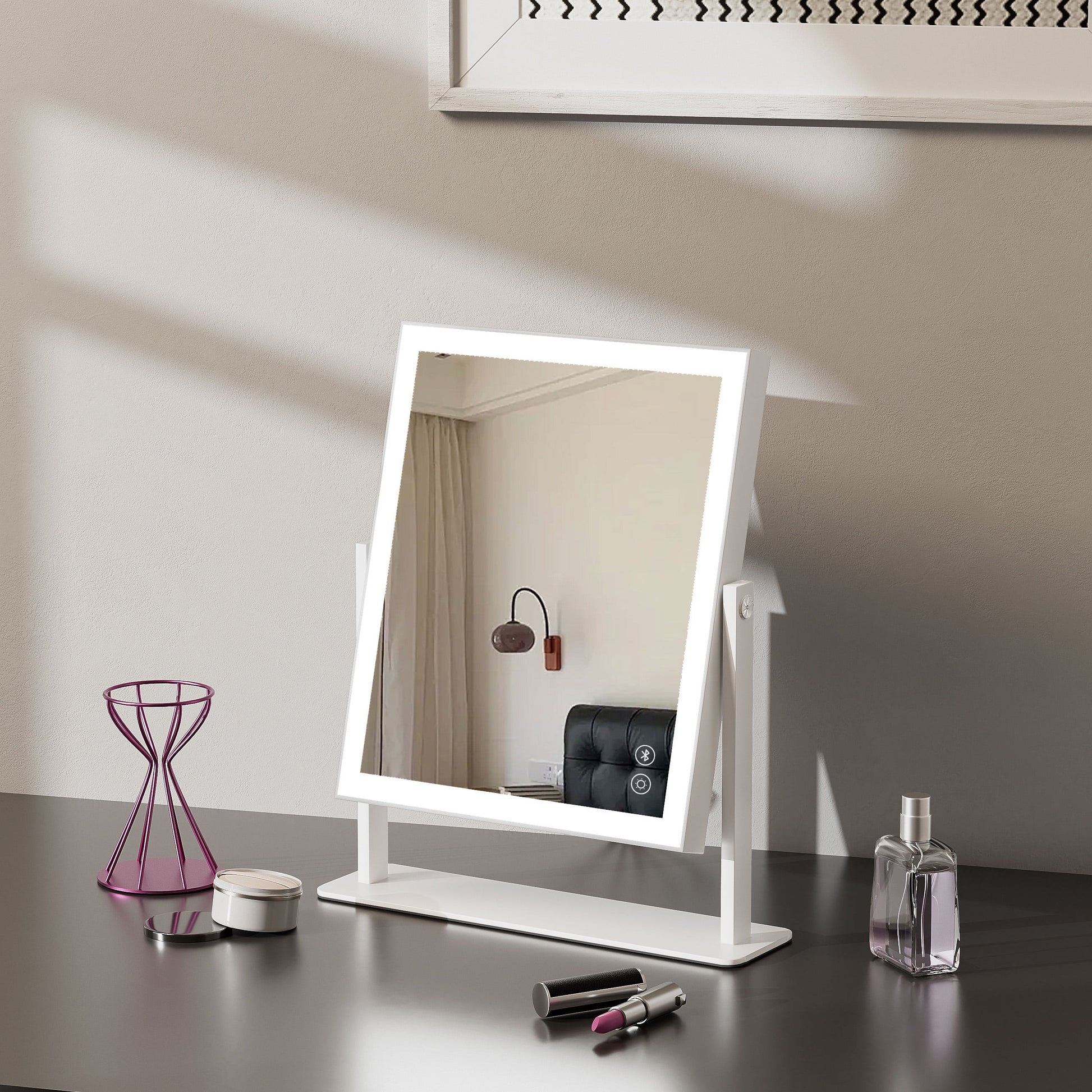 Vanity Makeup Mirror with Lights Bluetooth Metal Tabletop White