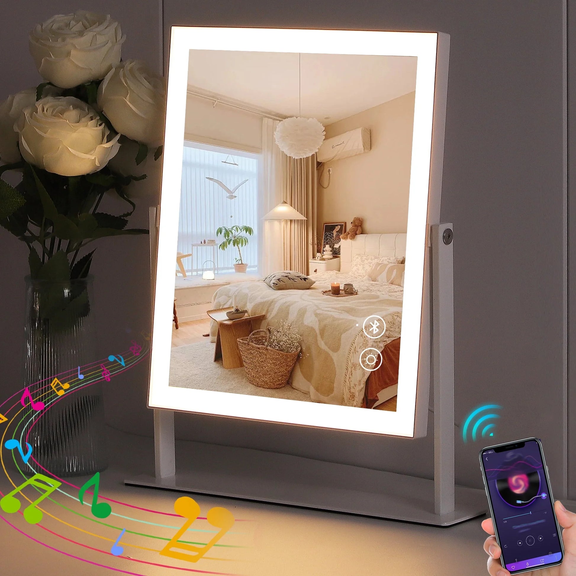 Vanity Makeup Mirror with Lights Bluetooth Metal Tabletop White